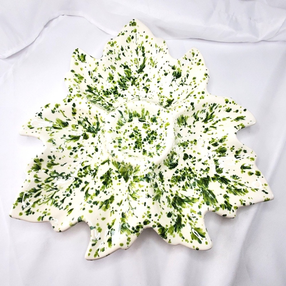 VTG Holland Mold Ceramic Serving Dish Tray 1972 Green & White Poinsettia Shape